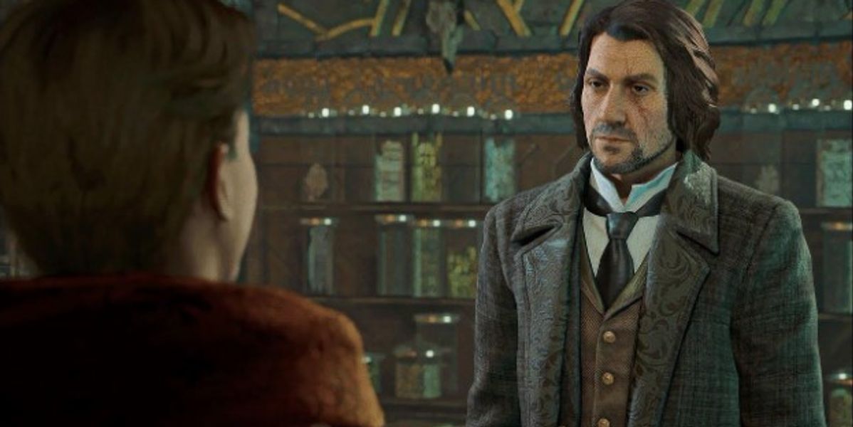 The player character speaking to Professor Sharp in Hogwarts Legacy.