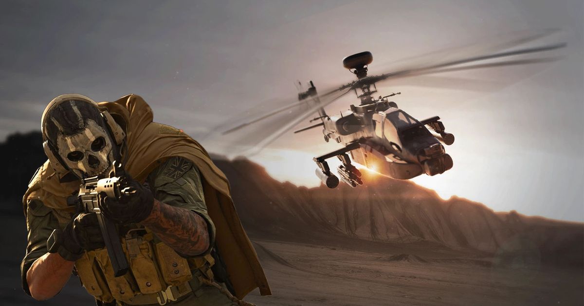 Modern Warfare 3 Ghost aiming with gun and Chopper Gunner killstreak firing machine gun in background