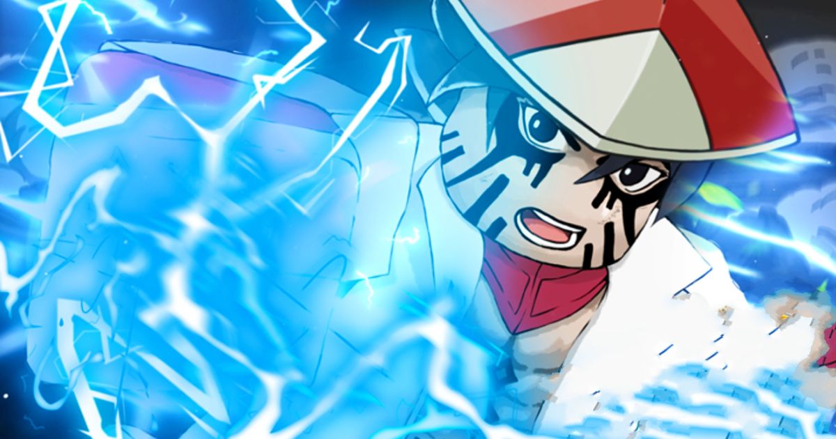 Cartoon Roblox character in martial arts clothing, surrounded by cartoon lightning