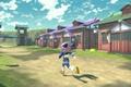 A player running through Jubilife Village in Pokemon Legends: Arceus.
