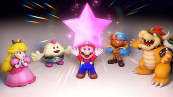 Key art for Super Mario RPG featuring Princess Peach, Mallow, Geno, and Bowser