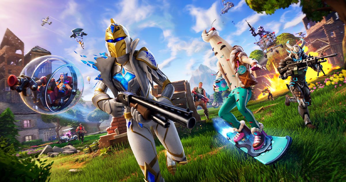 A Fortnite character in a white jacket and trousers, plus a gold mask, running ahead of other characters in the game.