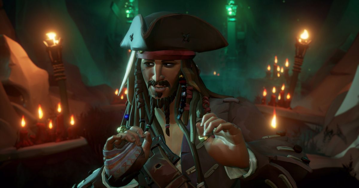 A Captain Jack Sparrow-looking character in Sea of Thieves, with a brown pirate hat and coat.