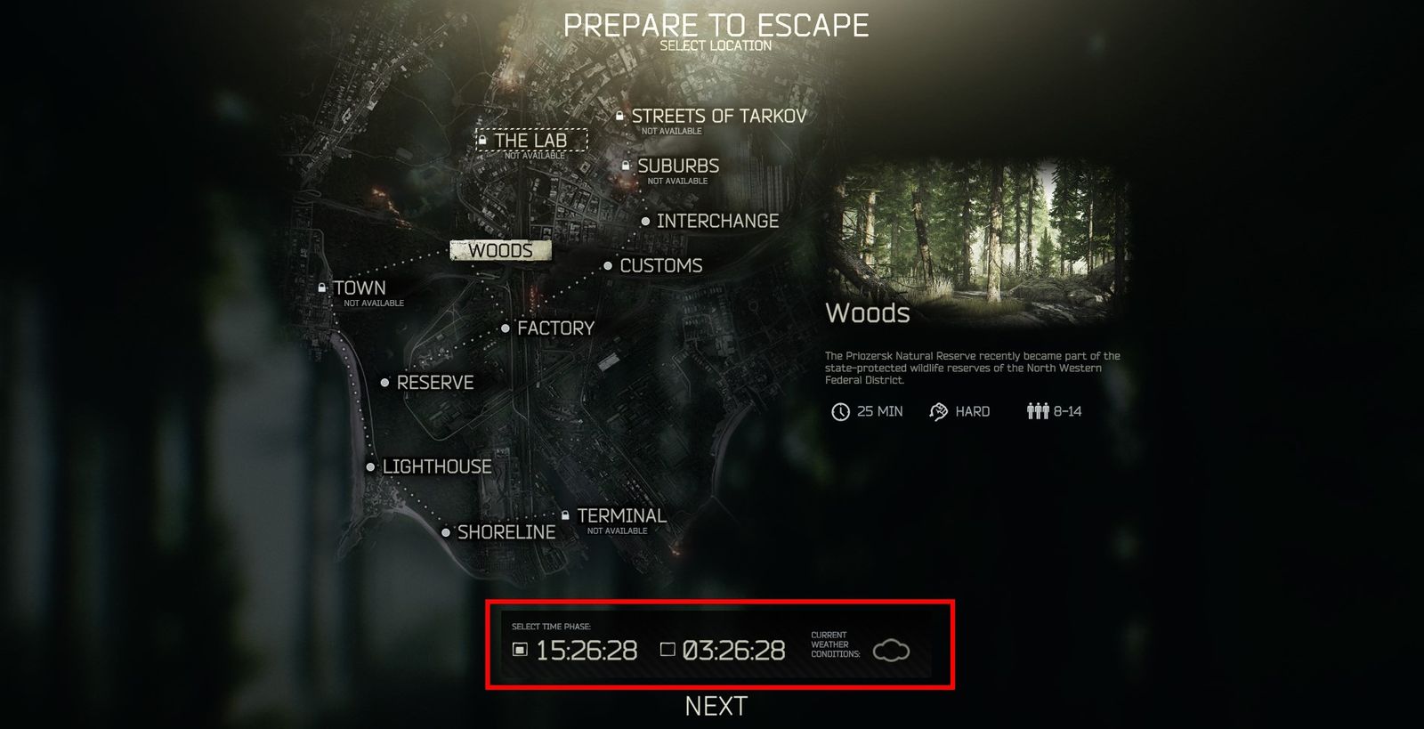 The map selection area in Escape From Tarkov, where day or night can be chosen for each raid.