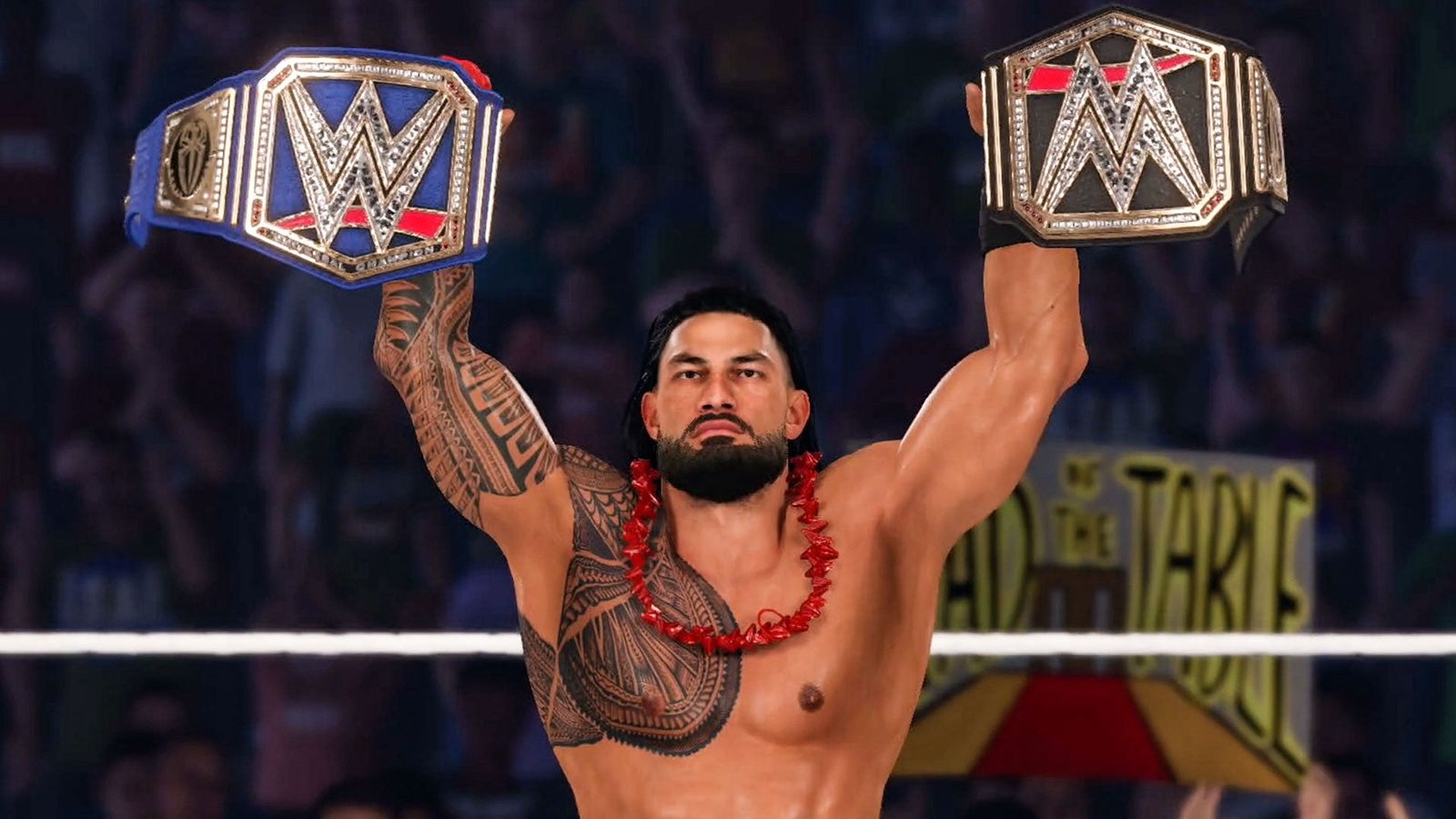 WWE2K23 gameplay image featuring Roman Reigns holding up belts