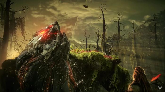 Horizon Forbidden West. Large turtle-like machine and Aloy in the announcement trailer. The large machine can be seen looking up into the dull and ominous sky above. 
