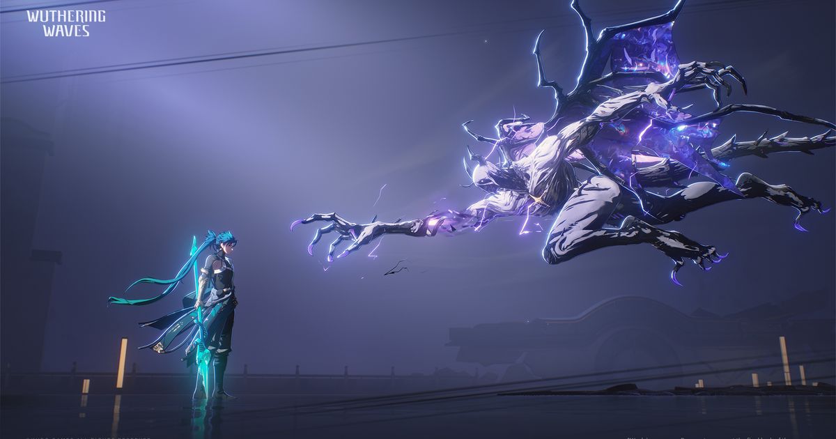 A large, electrified monster from Wuthering Waves leaping with an outstretched claw towards a calm character holding a glowing spear on the left side.