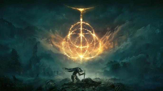 The main character knelt beneath a graphic of the eponymous rings in Elden Ring.