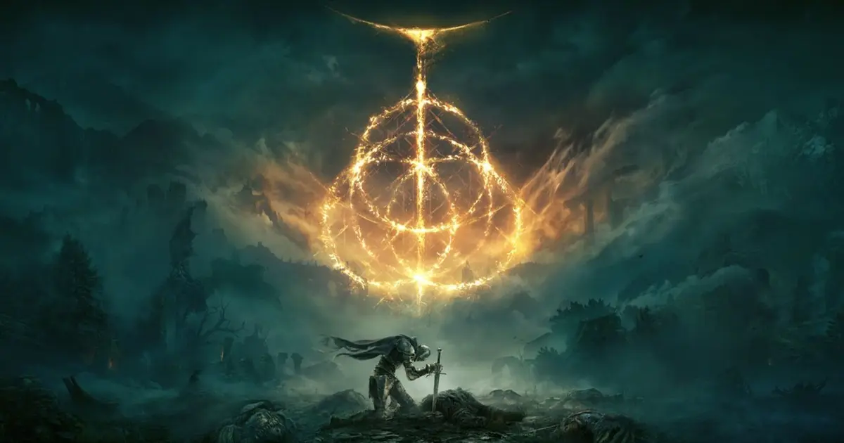 The main character knelt beneath a graphic of the eponymous rings in Elden Ring.