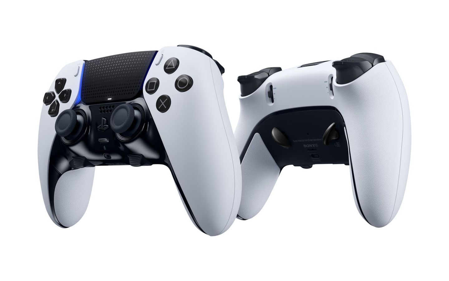 DualSense Edge product image of a white and black PlayStation controller featuring blue lighting shot from front and back.