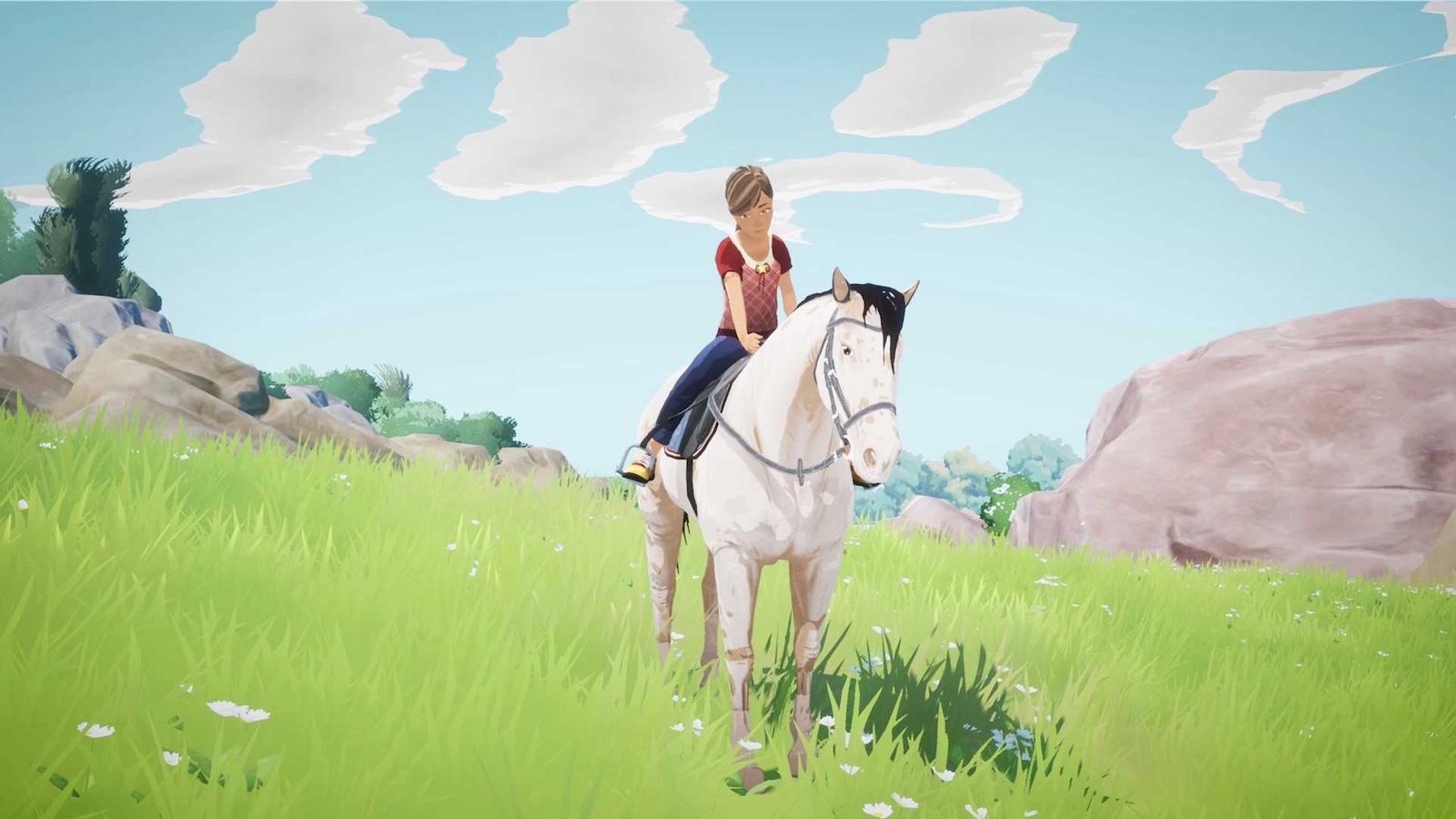 A horse and its rider in a grassy field in Horse Tales.