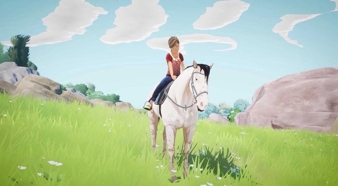 A horse and its rider in a grassy field in Horse Tales.