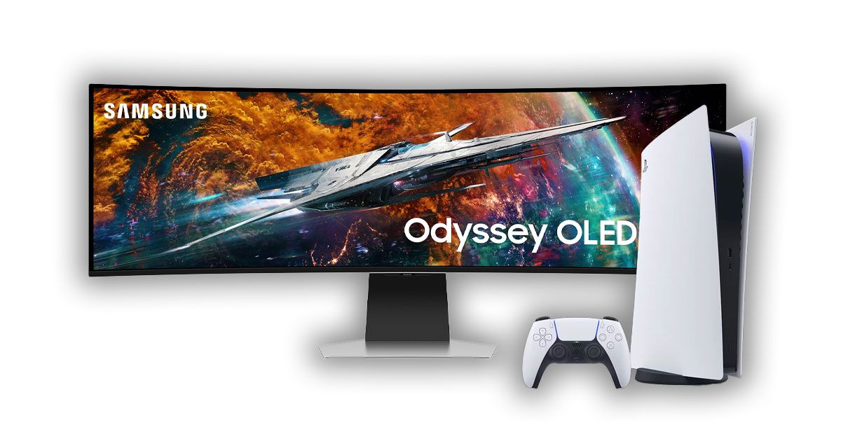 An ultrawide Samsung monitor with a spaceship on the display with a white and black PS5 and DualSense controller in front of it.