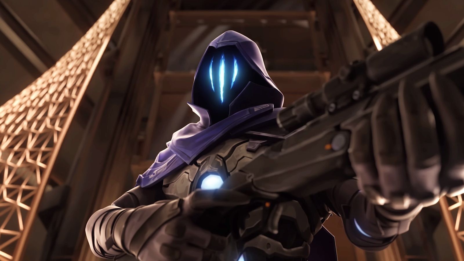 Valorant Episode 8 Act 1 trailer - person holding a sniper rifle, wearing a purple cloak and a full face mask with three vertical glowing blue lines across it