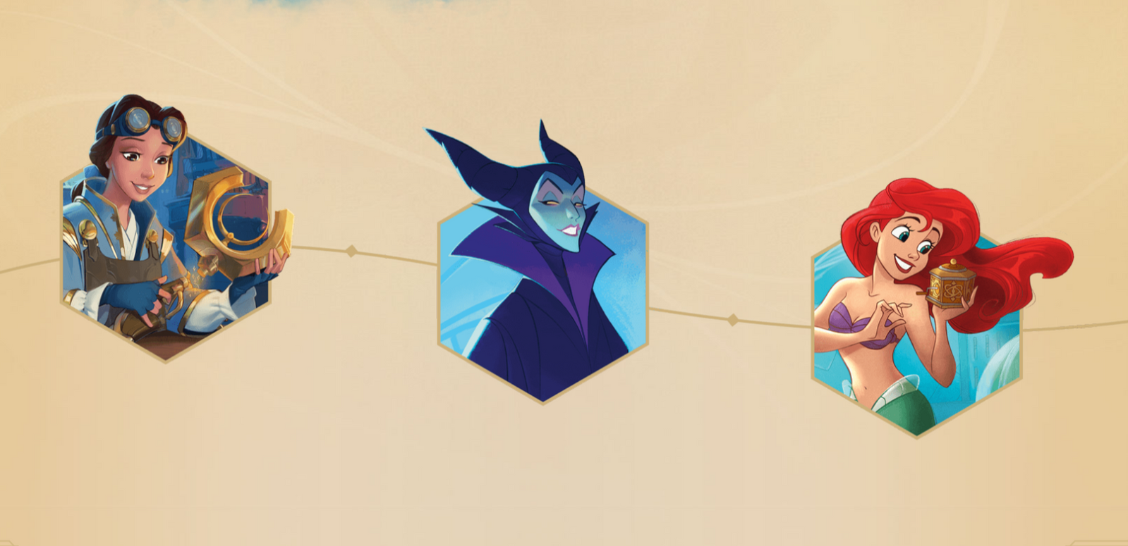 A graphic showing three of the Disney Lorcana: The First Chapter Sapphire characters. These are Belle, Maleficent, and Ariel.