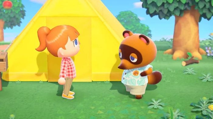 A player - the Resident Representative - speaking to Tom Nook outside their tent at the beginning of Animal Crossing: New Horizons.