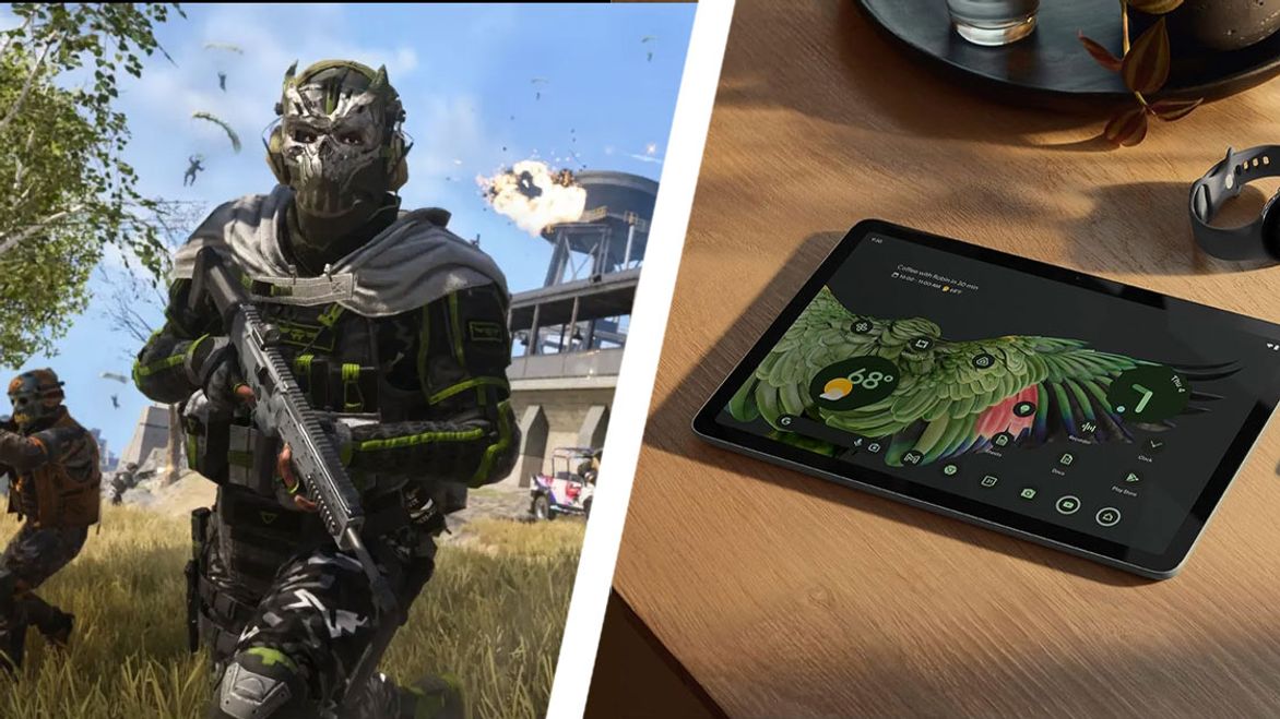 A solider from Warzone Mobile in black and green armour on one side of a diagonal white line. On the other, a black Google tablet with a green, black and red wing on the display.