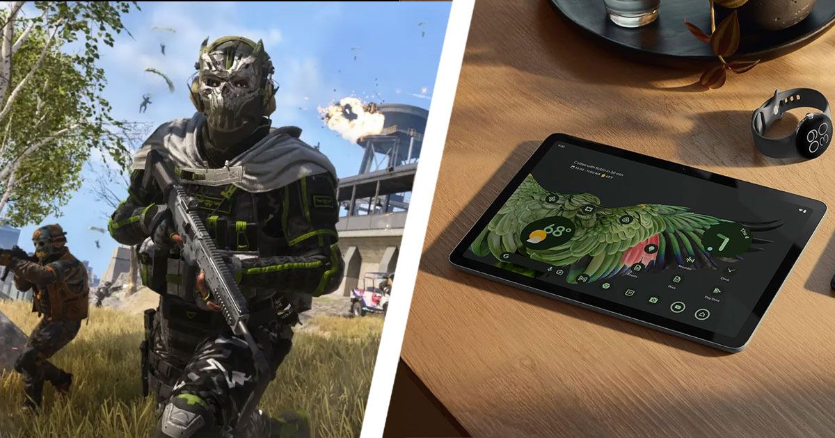 A solider from Warzone Mobile in black and green armour on one side of a diagonal white line. On the other, a black Google tablet with a green, black and red wing on the display.