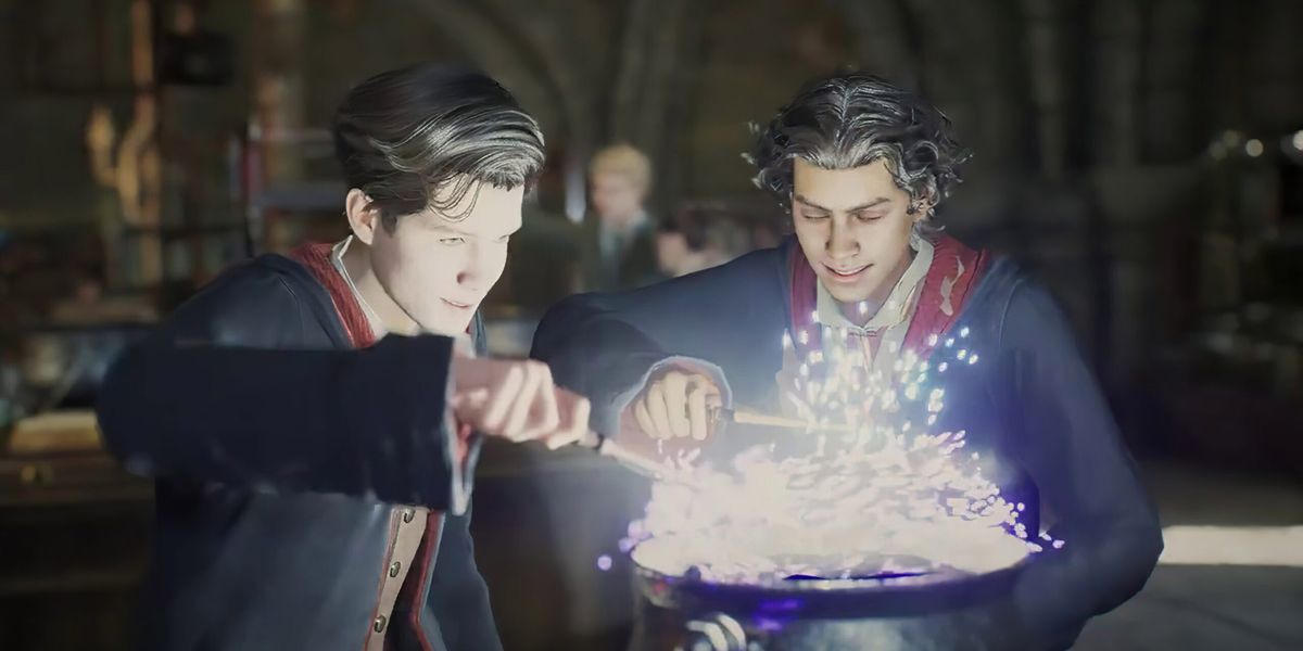 Two characters mixing a potion in a bowl in Hogwarts Legacy.