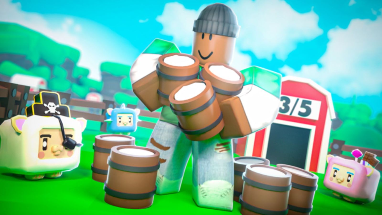 A Sheep Swarm Simulator character holding buckets of milk