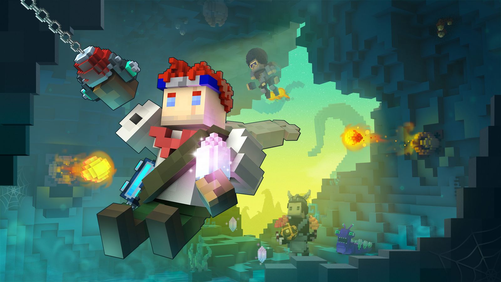 In-game image from Trove of a blocky character with red hair swinging through a cave.