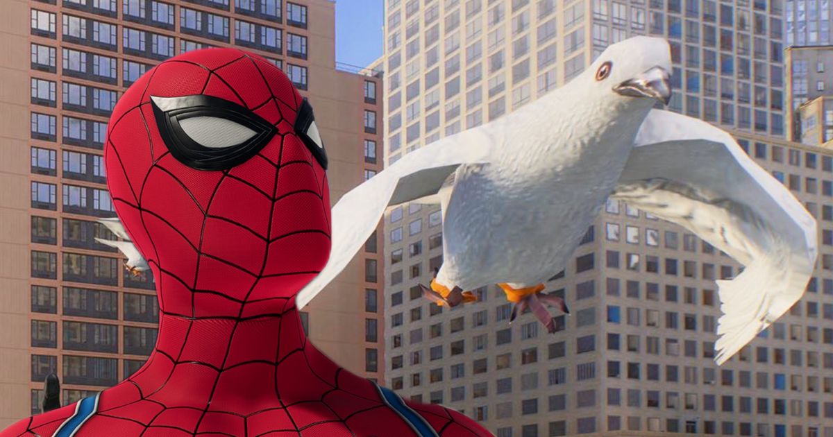Spider-Man (Peter Parker) looking up at a very ugly pigeon 