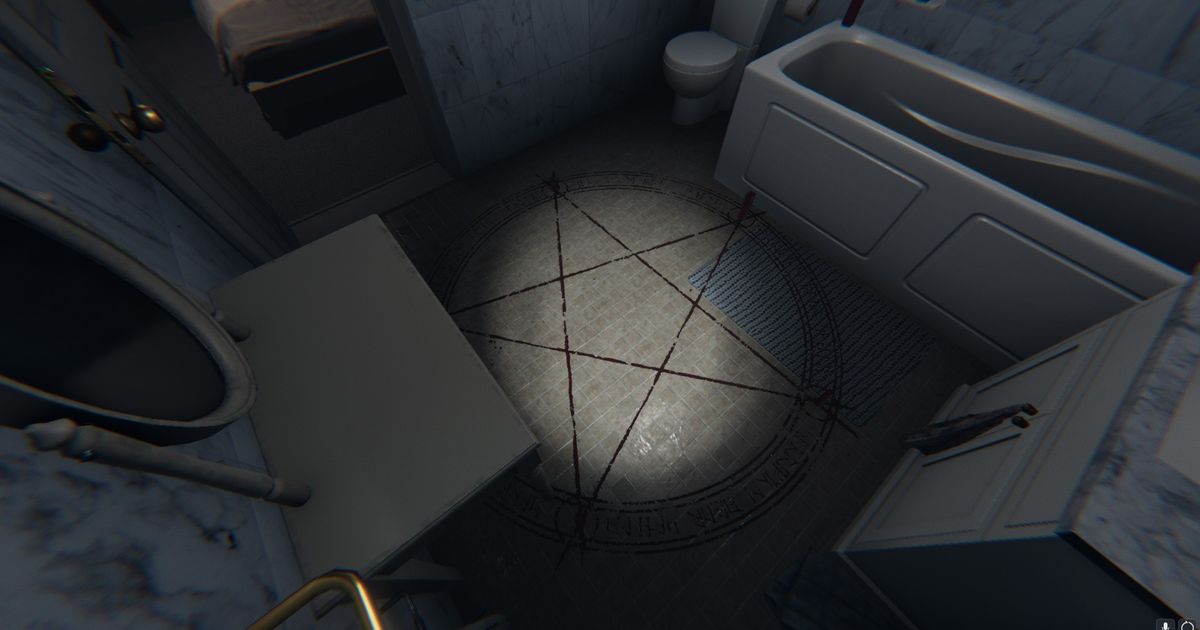 The Summoning Circle, one of six Cursed Possessions, in a bathroom in Phasmophobia.