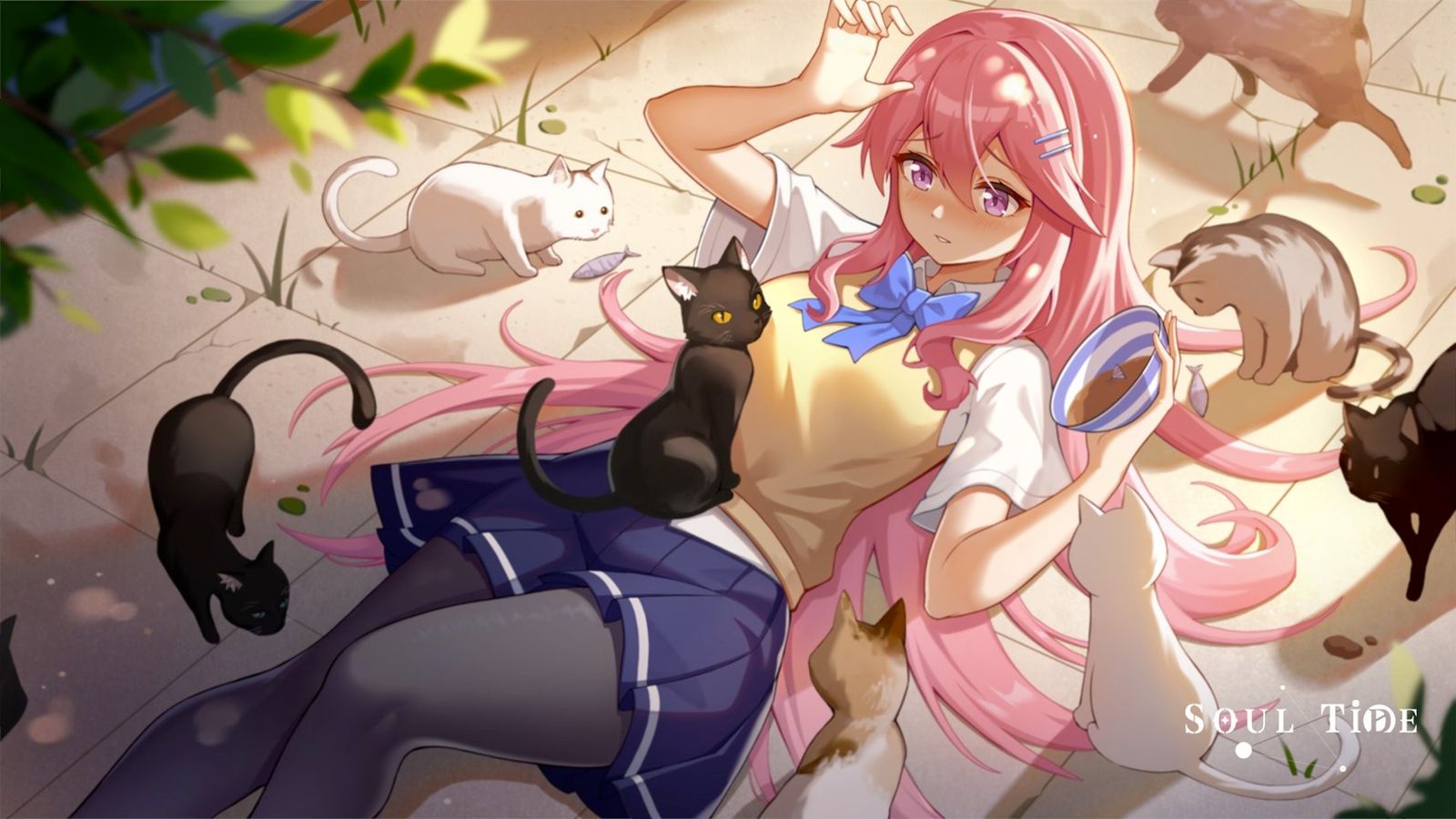 Image of a pink-haired girl surrounded by cats in Soul Tide. 