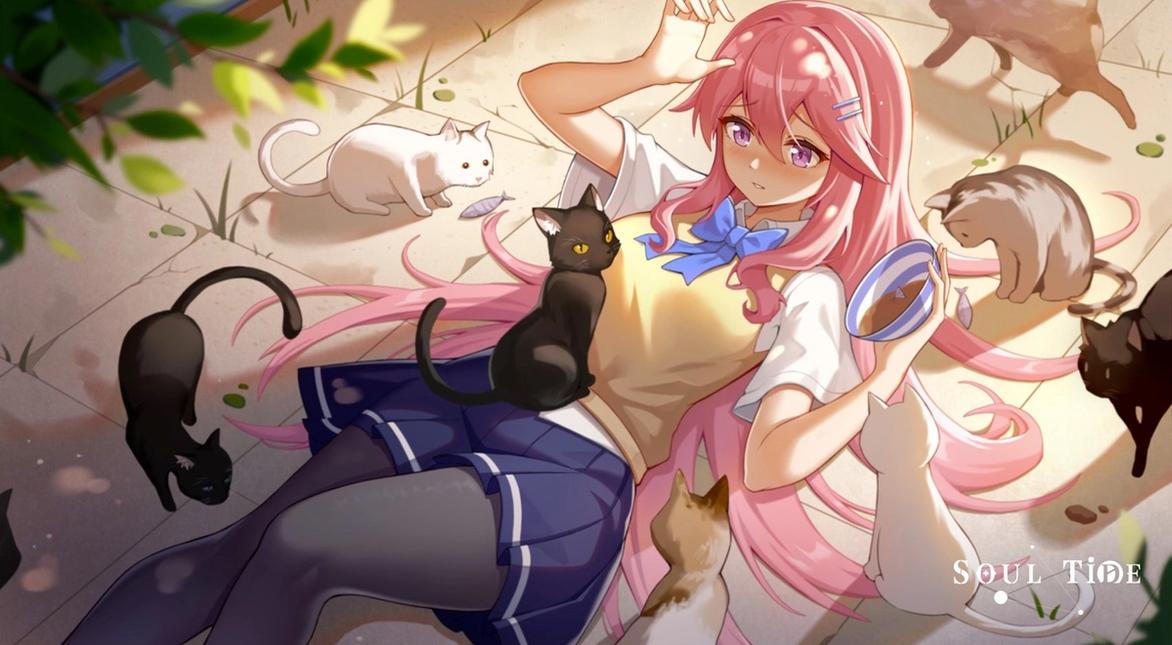 Image of a pink-haired girl surrounded by cats in Soul Tide. 
