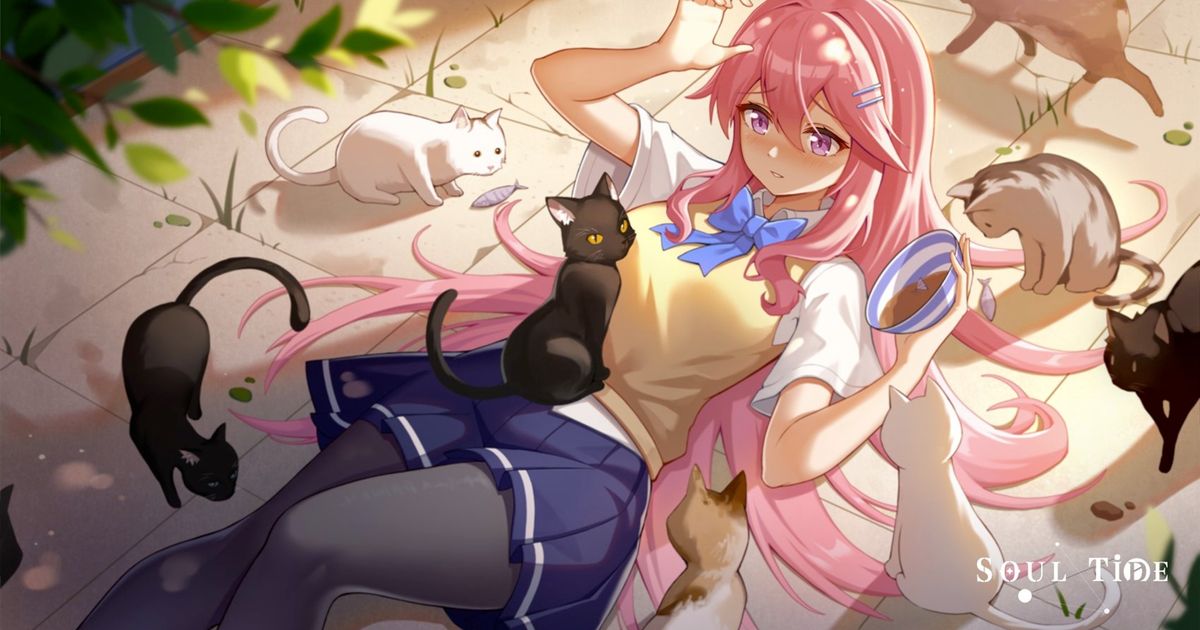 Image of a pink-haired girl surrounded by cats in Soul Tide. 