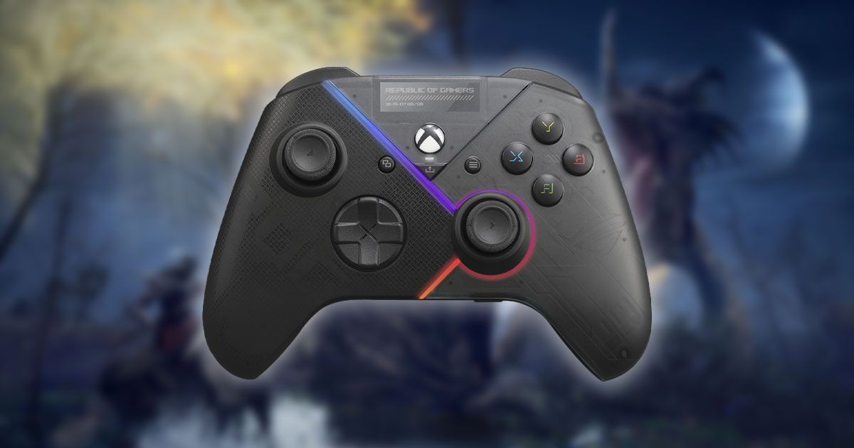 A black ASUS Xbox-branded controller featuring gradient lighting across it and a blurry image of a solider fighting a dragon in Elden Ring behind it.