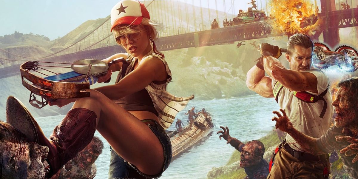 Screenshot showing Dead Island 2 players holding crossbow and melee weapon