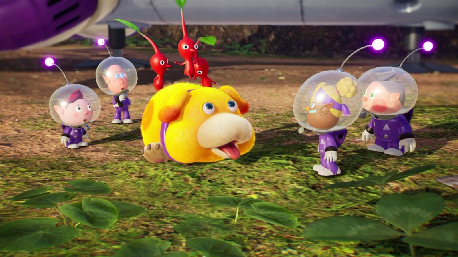 Oatchi and a group of explorers in Pikmin 4.