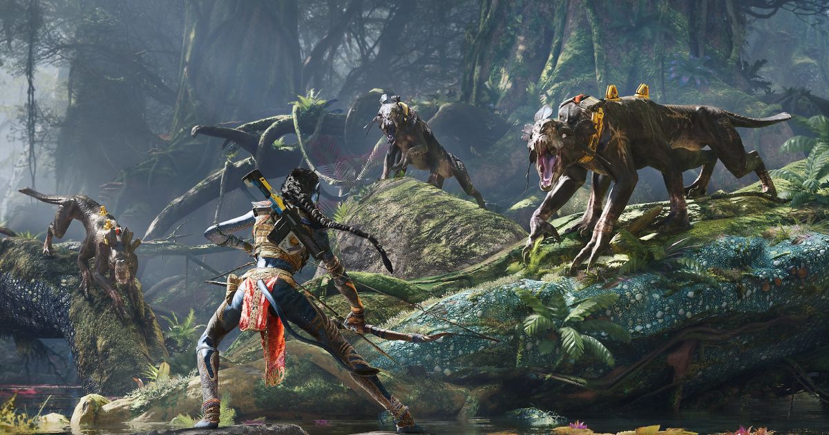 A character in Avatar: Frontiers of Pandora facing three enemy creatures in front of them.