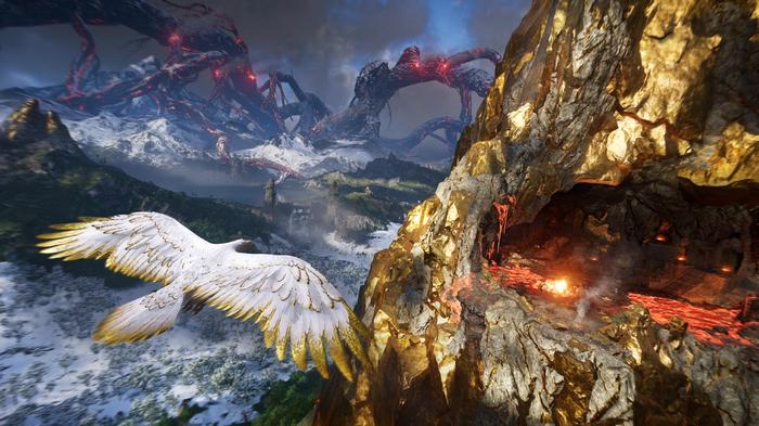 A white bird soars over gold-capped mountains