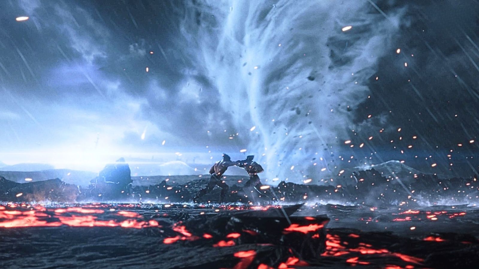 Jin Kazama and Kazuya Mishima engaged in a battle during a storm