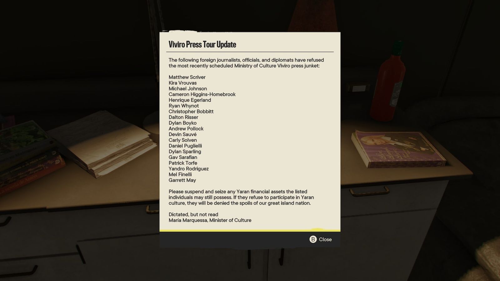 In a trailer at Maria Marquessa Productions, there is a note detailing the names of all the developers of Far Cry 6.