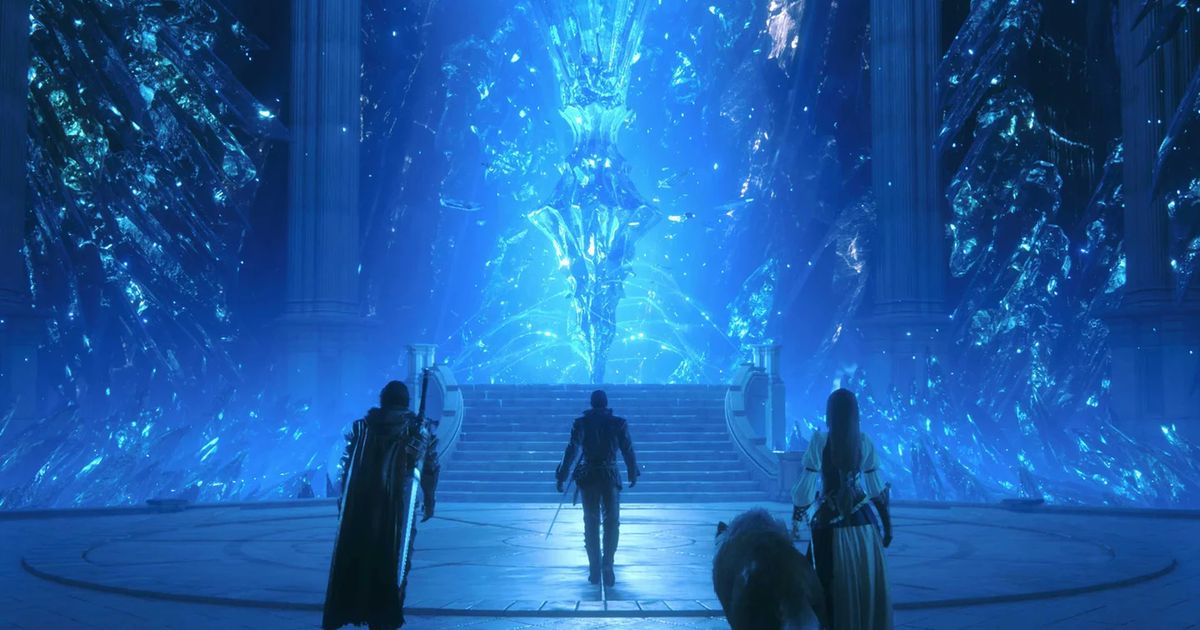 Characters stood around a blue portal in Final Fantasy 16.