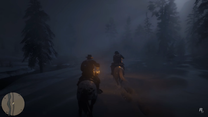 An image of two characters riding off on their horses in Red Dead Redemption 2.