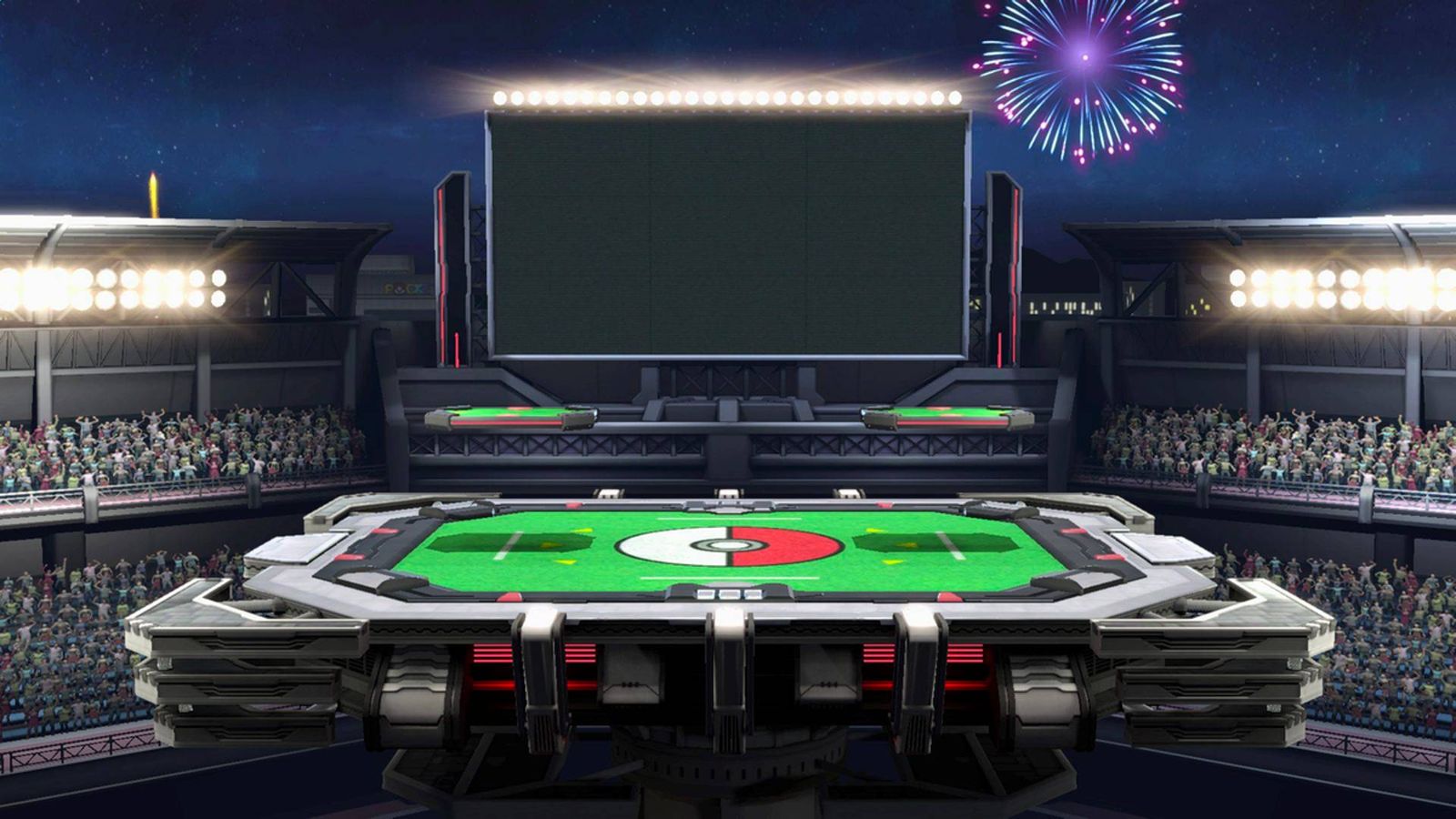 A stadium adorned with a Pokeball in Pokemon Stadium.