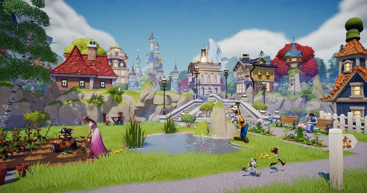 Изображение на Buzz, Woody и други герои на Disney, които се разхождат из Dreamlight Valley
