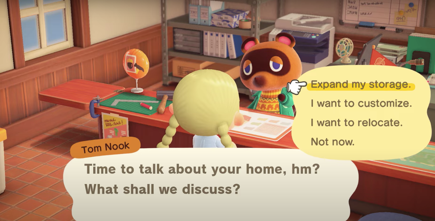 The Resident Representative is talking to Tom Nook at the Construction Desk in the Town Hall about expanding their homes storage.