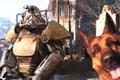 A Fallout 4 power armor soldier next to a smiling dog meat 