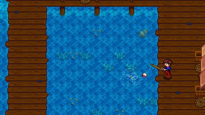 Stardew Valley. The player is fishing off of a dock into the ocean. They are facing left and they are fishing off the left side of the dock.