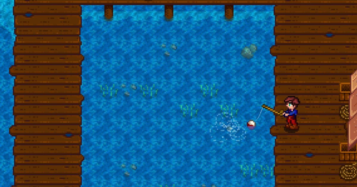 Stardew Valley. The player is fishing off of a dock into the ocean. They are facing left and they are fishing off the left side of the dock.