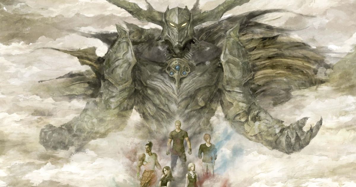 Artwork for Stranger of Paradise: Final Fantasy Origin featuring a huge masked enemy towering over the characters.