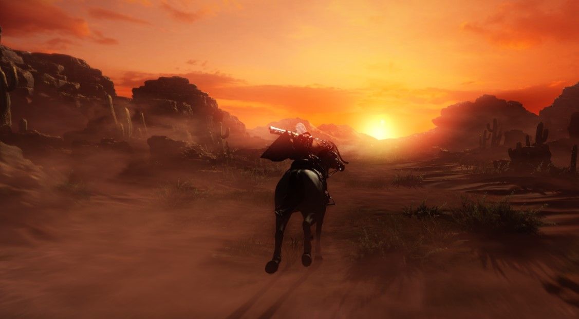 A player of the female gunner class is riding the Loghill Black Horse mount in Lost Ark.