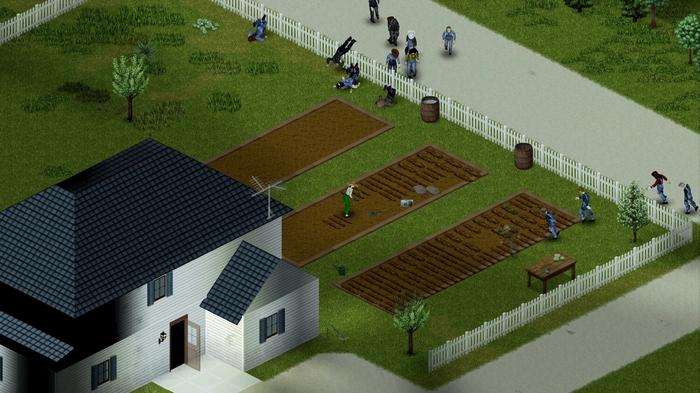 A player is farming in Project Zomboid. There are hoards of zombies closing in on them.