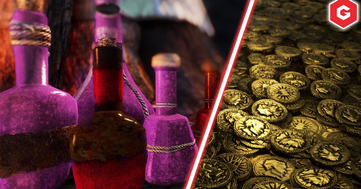 Some potions and gold in Skyrim.