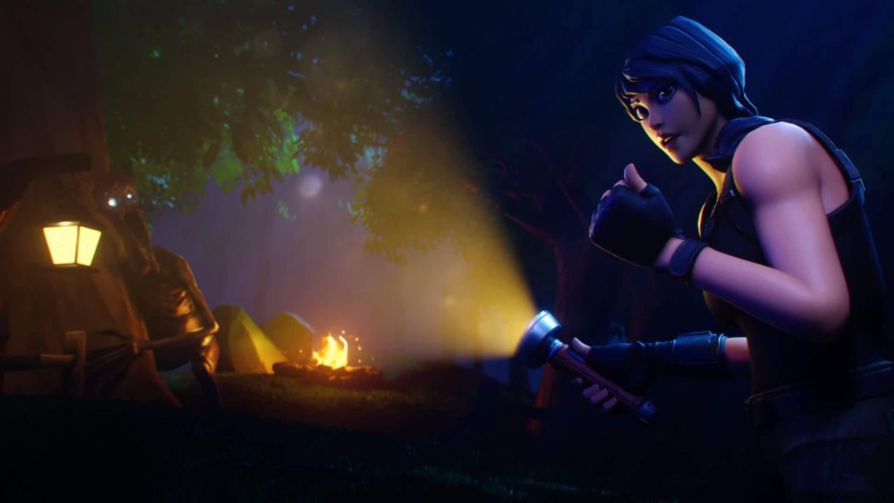 Fortnite Creative map The Forest promotional art showing a character oblivious to a strange demon by their campfire